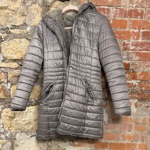 Metallic Gray Quilted Hooded Coat